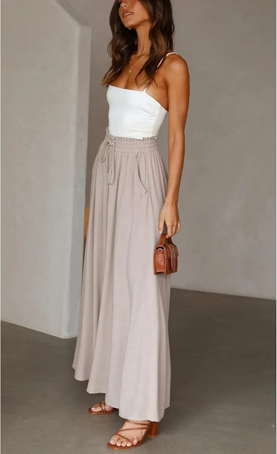 Hooever Women's Wide Leg Pants Flowy Drape Ruffle Drawstring Waist Palazzo Pants