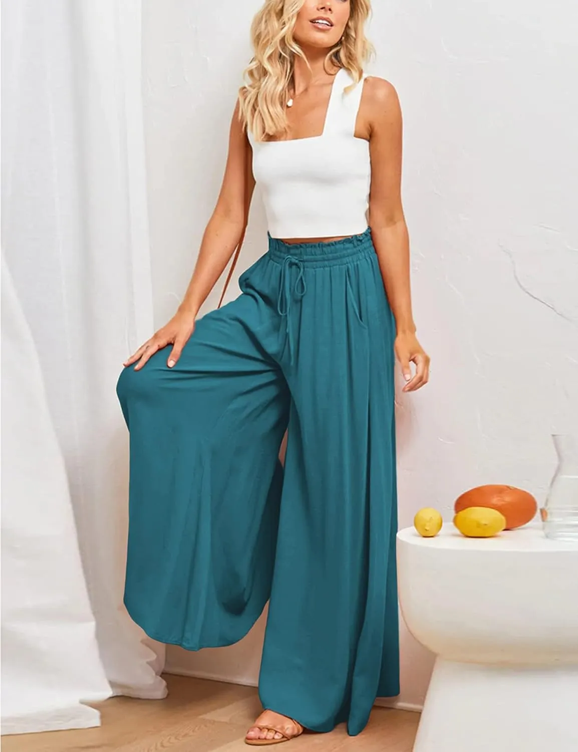 Hooever Women's Wide Leg Pants Flowy Drape Ruffle Drawstring Waist Palazzo Pants