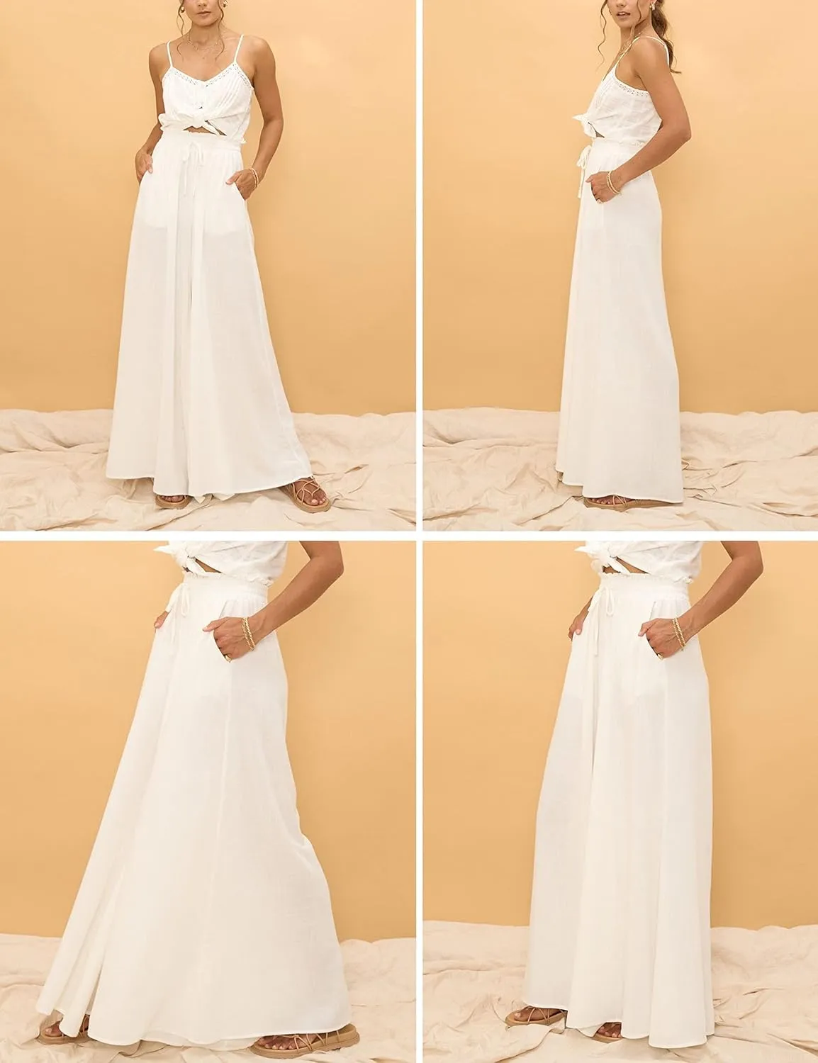 Hooever Women's Wide Leg Pants Flowy Drape Ruffle Drawstring Waist Palazzo Pants