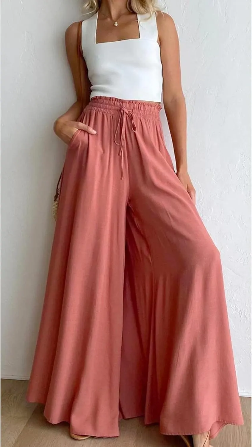 Hooever Women's Wide Leg Pants Flowy Drape Ruffle Drawstring Waist Palazzo Pants