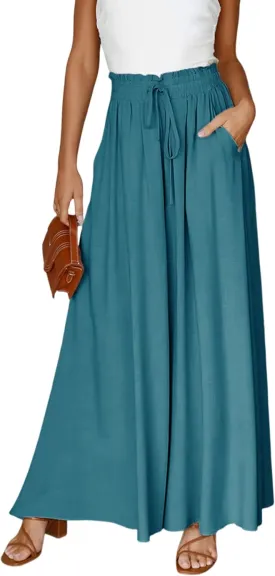 Hooever Women's Wide Leg Pants Flowy Drape Ruffle Drawstring Waist Palazzo Pants