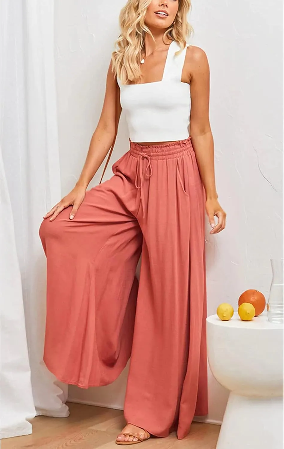 Hooever Women's Wide Leg Pants Flowy Drape Ruffle Drawstring Waist Palazzo Pants