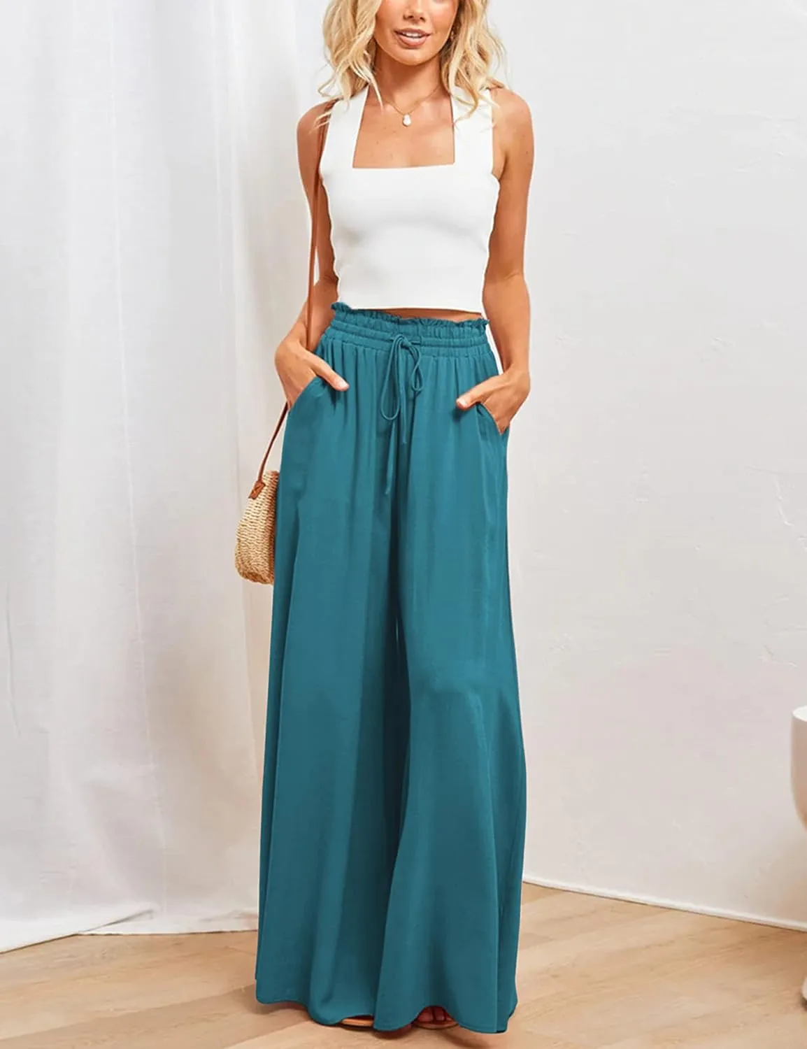 Hooever Women's Wide Leg Pants Flowy Drape Ruffle Drawstring Waist Palazzo Pants