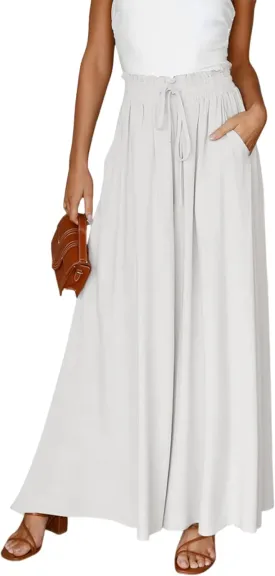 Hooever Women's Wide Leg Pants Flowy Drape Ruffle Drawstring Waist Palazzo Pants