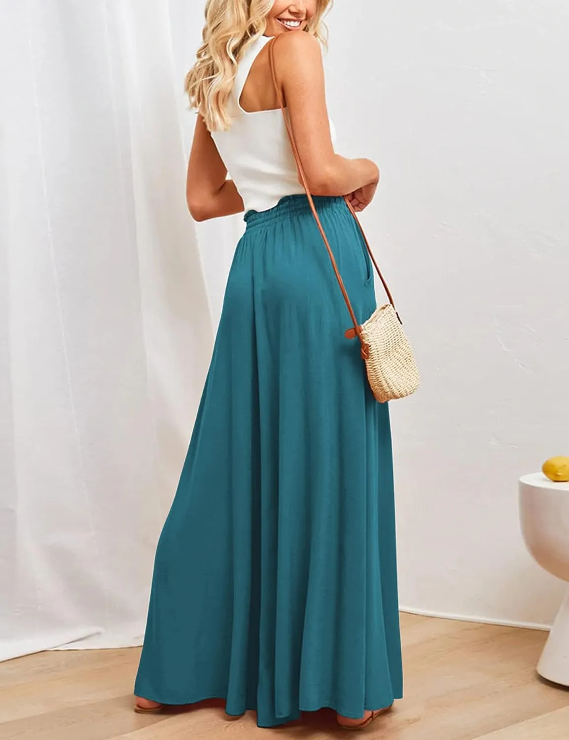 Hooever Women's Wide Leg Pants Flowy Drape Ruffle Drawstring Waist Palazzo Pants
