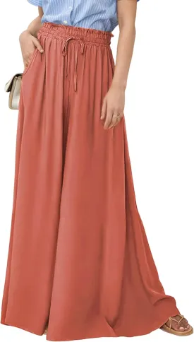 Hooever Women's Wide Leg Pants Flowy Drape Ruffle Drawstring Waist Palazzo Pants