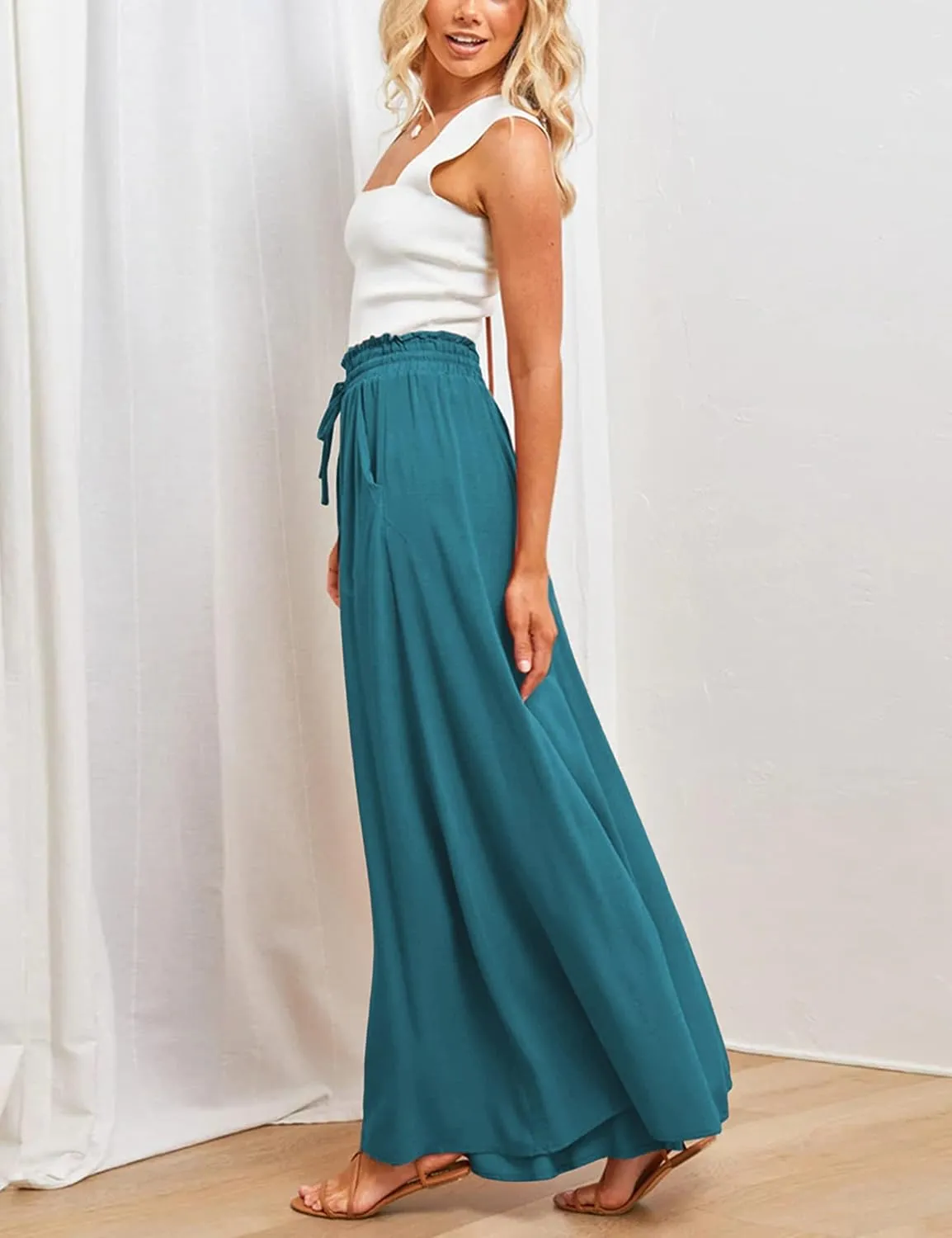 Hooever Women's Wide Leg Pants Flowy Drape Ruffle Drawstring Waist Palazzo Pants