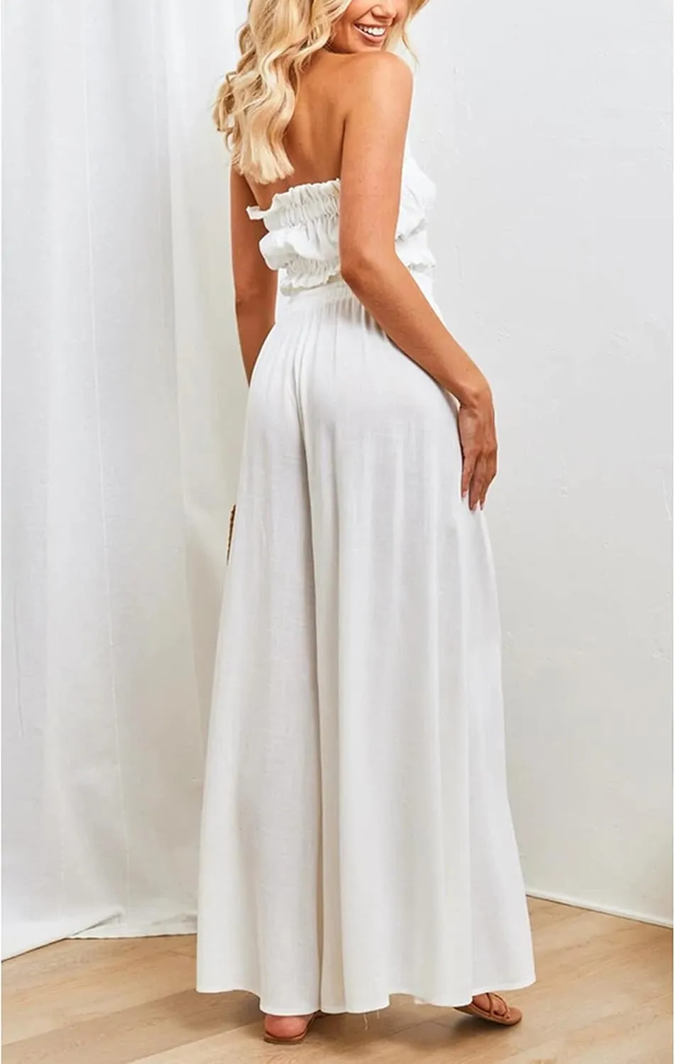 Hooever Women's Wide Leg Pants Flowy Drape Ruffle Drawstring Waist Palazzo Pants