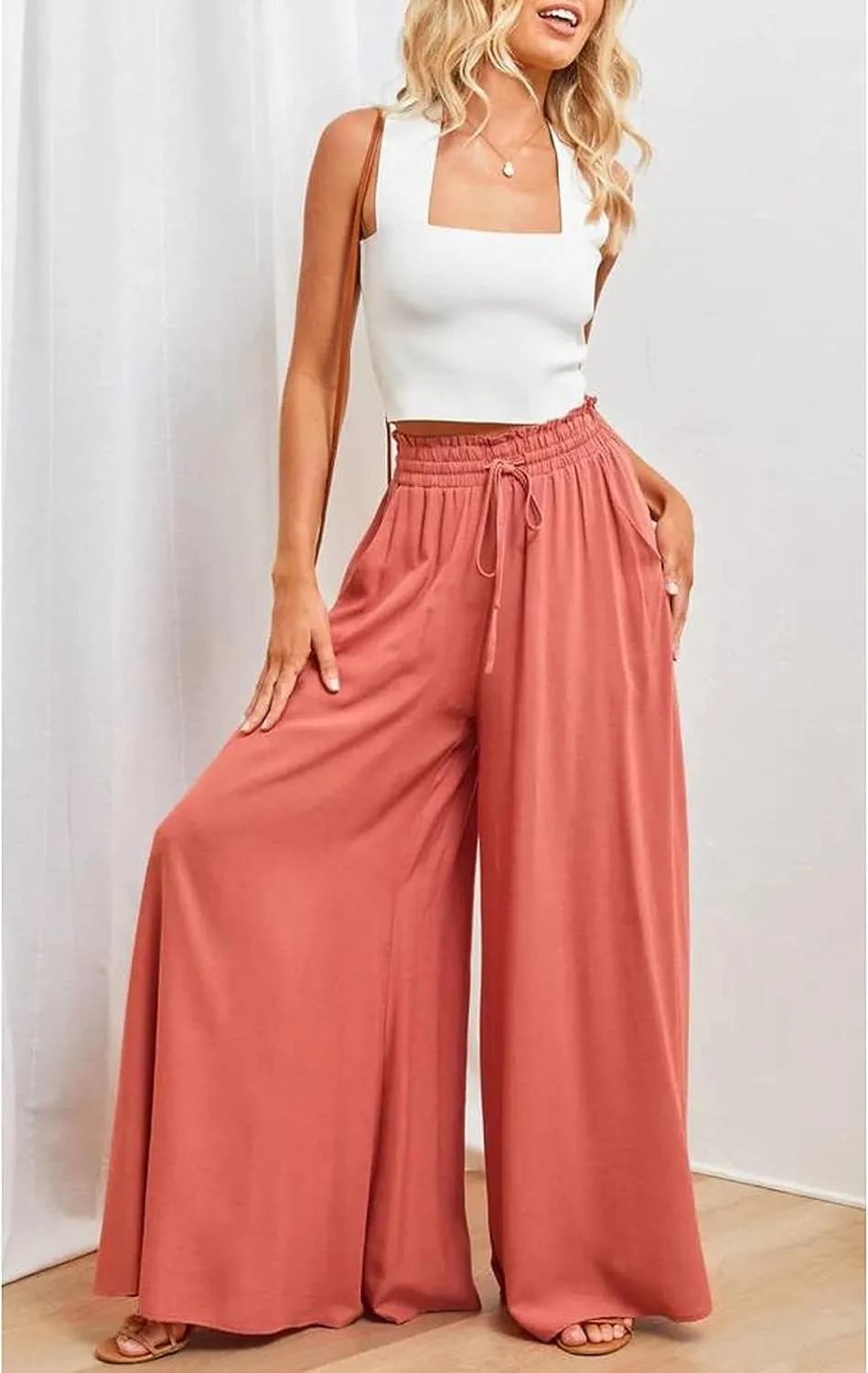 Hooever Women's Wide Leg Pants Flowy Drape Ruffle Drawstring Waist Palazzo Pants