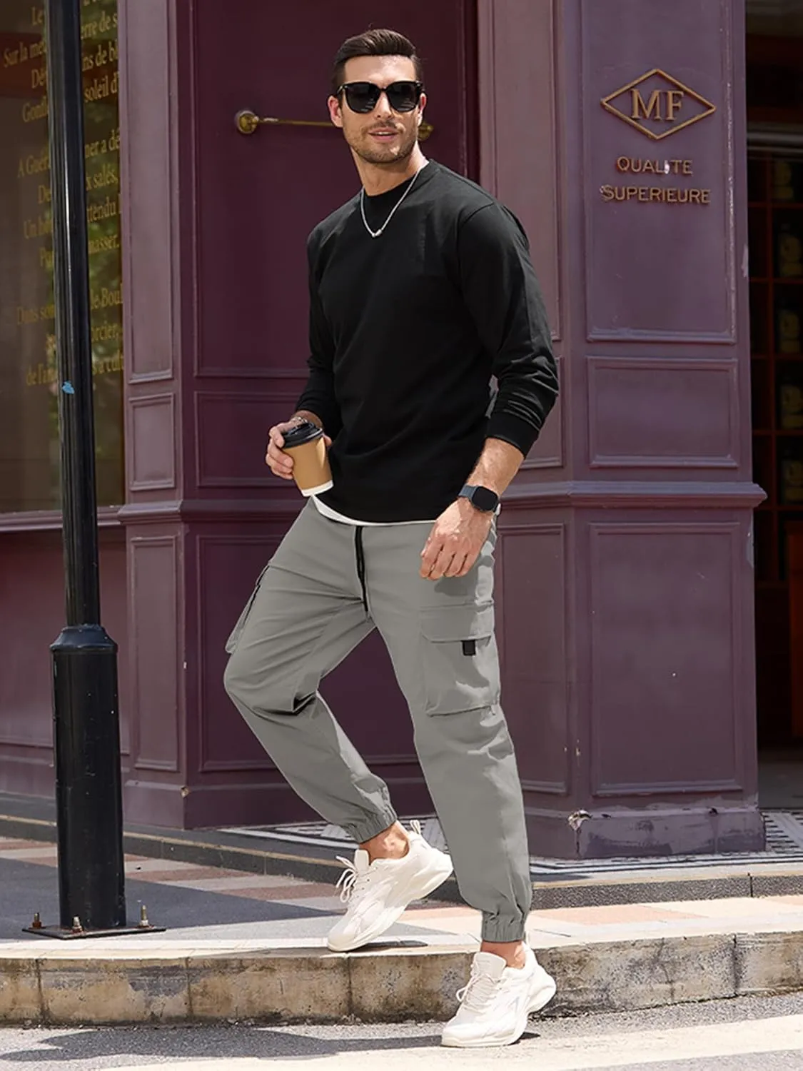 HOTake Mens Casual Cargo Pants Stretch Elastic Waist Drawsring Joggers Pants for Men with Pockets