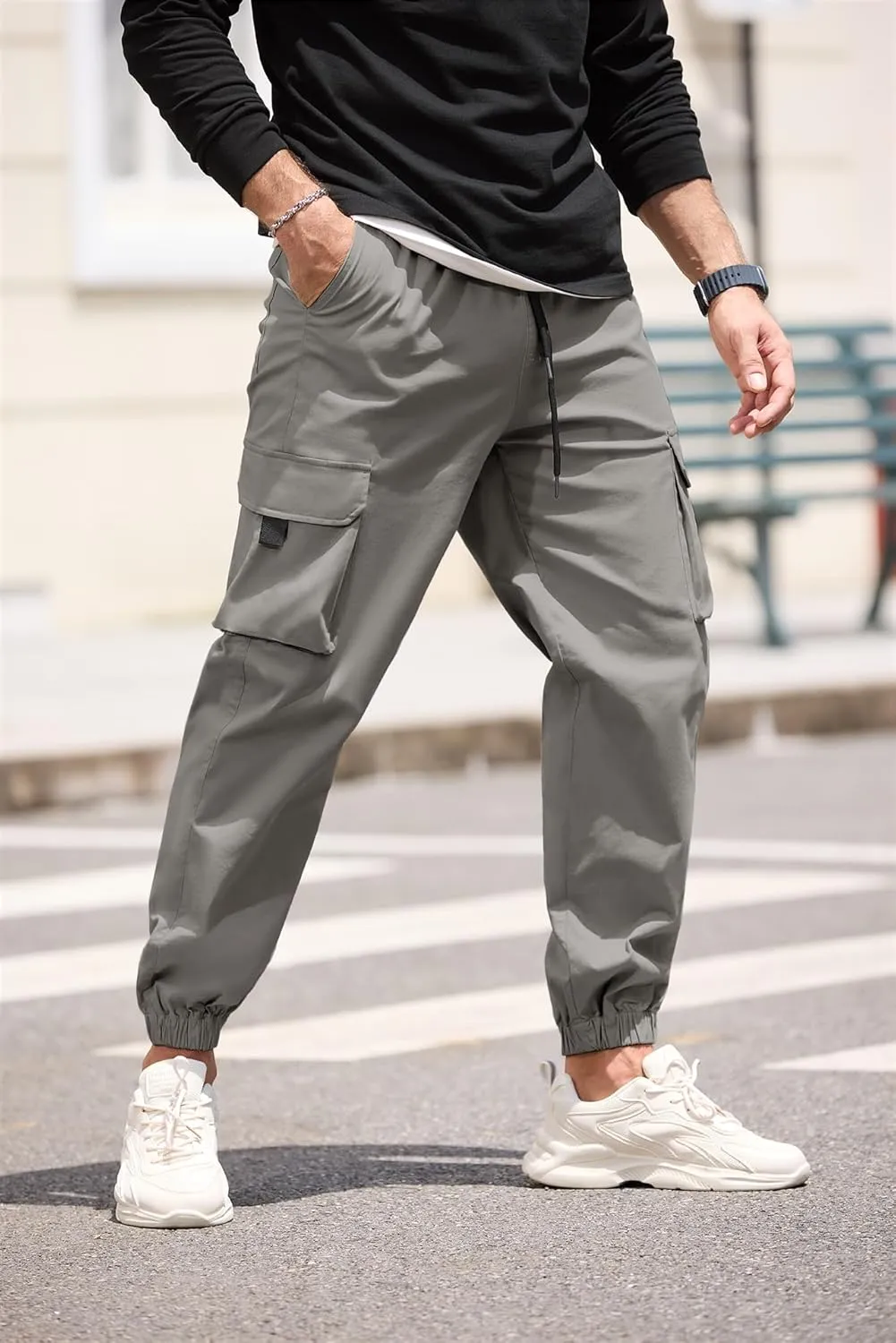 HOTake Mens Casual Cargo Pants Stretch Elastic Waist Drawsring Joggers Pants for Men with Pockets