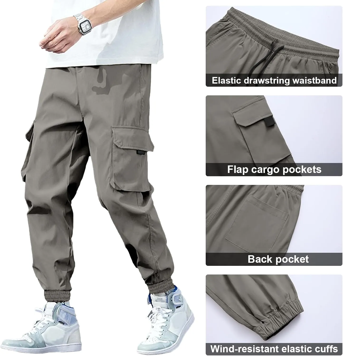 HOTake Mens Casual Cargo Pants Stretch Elastic Waist Drawsring Joggers Pants for Men with Pockets