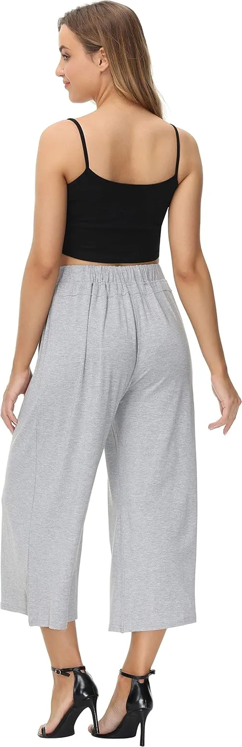 HOW'ON Women's Elastic Waist Wide Leg Casual Palazzo Capri Culottes Pants Soft Knit Cropped Pants