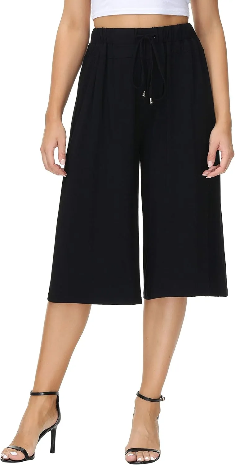 HOW'ON Women's Elastic Waist Wide Leg Casual Palazzo Capri Culottes Pants Soft Knit Cropped Pants