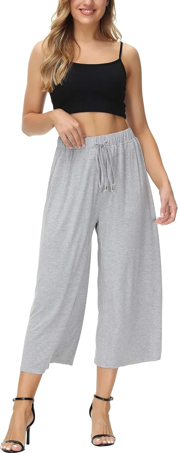 HOW'ON Women's Elastic Waist Wide Leg Casual Palazzo Capri Culottes Pants Soft Knit Cropped Pants