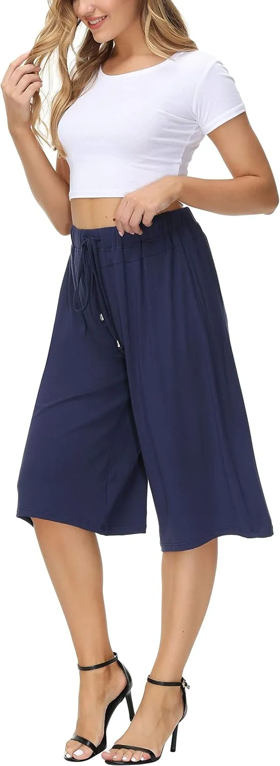HOW'ON Women's Elastic Waist Wide Leg Casual Palazzo Capri Culottes Pants Soft Knit Cropped Pants