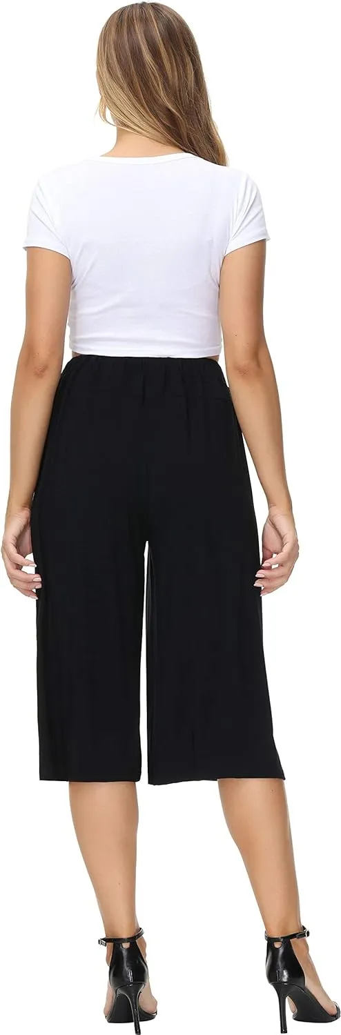 HOW'ON Women's Elastic Waist Wide Leg Casual Palazzo Capri Culottes Pants Soft Knit Cropped Pants