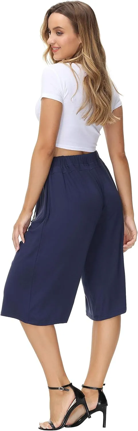 HOW'ON Women's Elastic Waist Wide Leg Casual Palazzo Capri Culottes Pants Soft Knit Cropped Pants