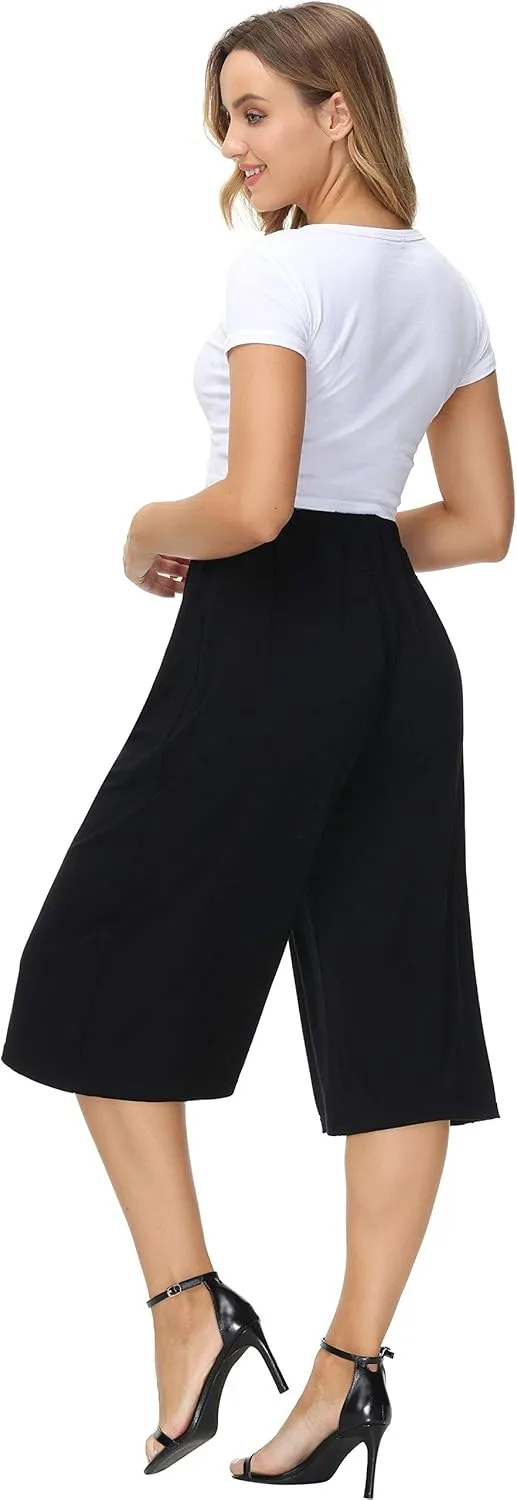 HOW'ON Women's Elastic Waist Wide Leg Casual Palazzo Capri Culottes Pants Soft Knit Cropped Pants