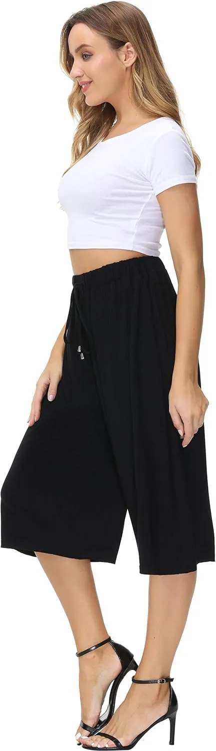 HOW'ON Women's Elastic Waist Wide Leg Casual Palazzo Capri Culottes Pants Soft Knit Cropped Pants