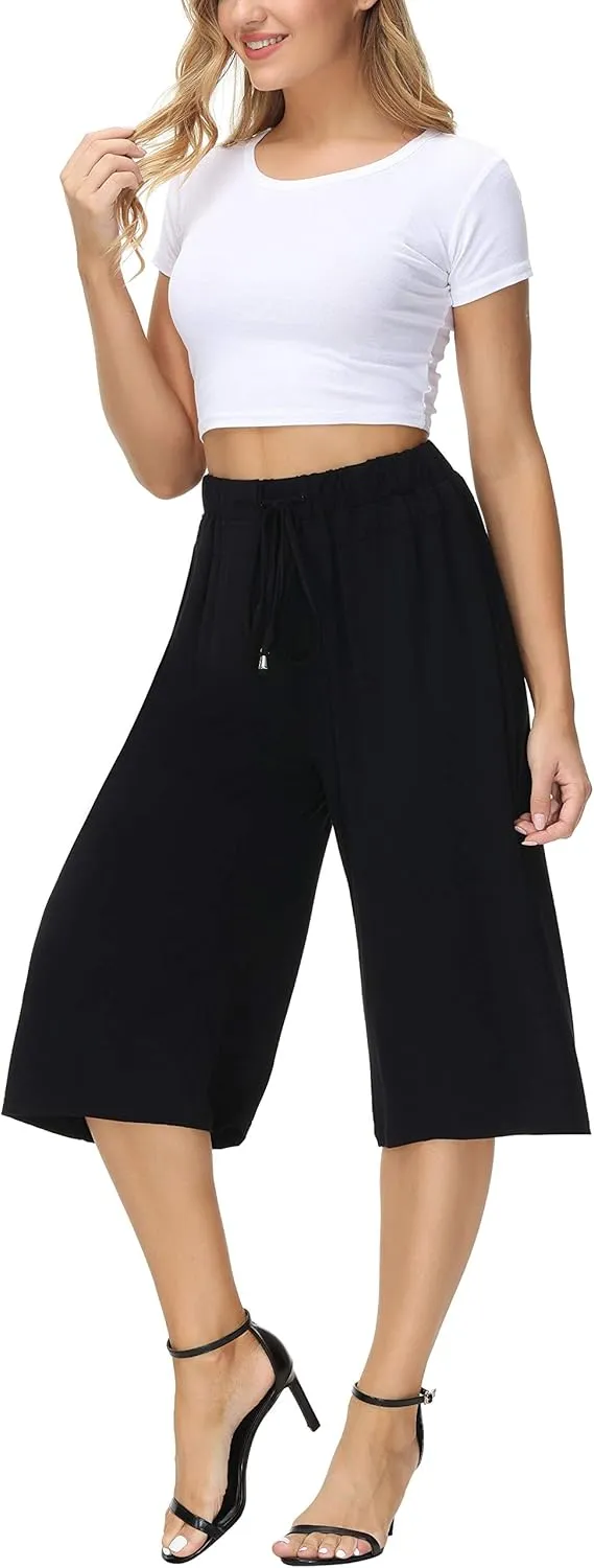 HOW'ON Women's Elastic Waist Wide Leg Casual Palazzo Capri Culottes Pants Soft Knit Cropped Pants