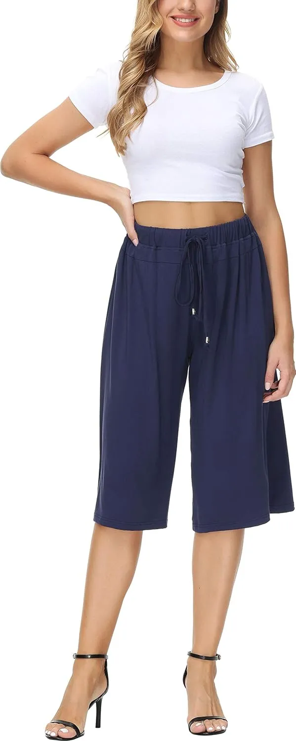 HOW'ON Women's Elastic Waist Wide Leg Casual Palazzo Capri Culottes Pants Soft Knit Cropped Pants