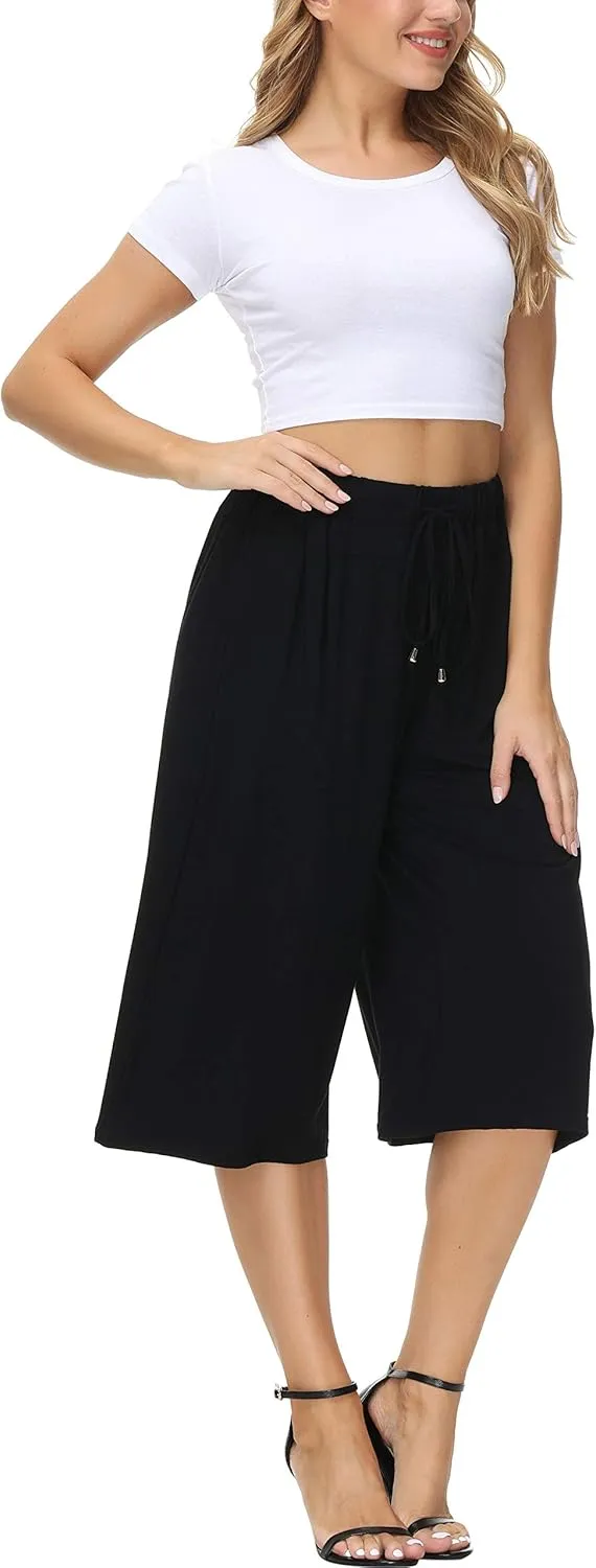 HOW'ON Women's Elastic Waist Wide Leg Casual Palazzo Capri Culottes Pants Soft Knit Cropped Pants