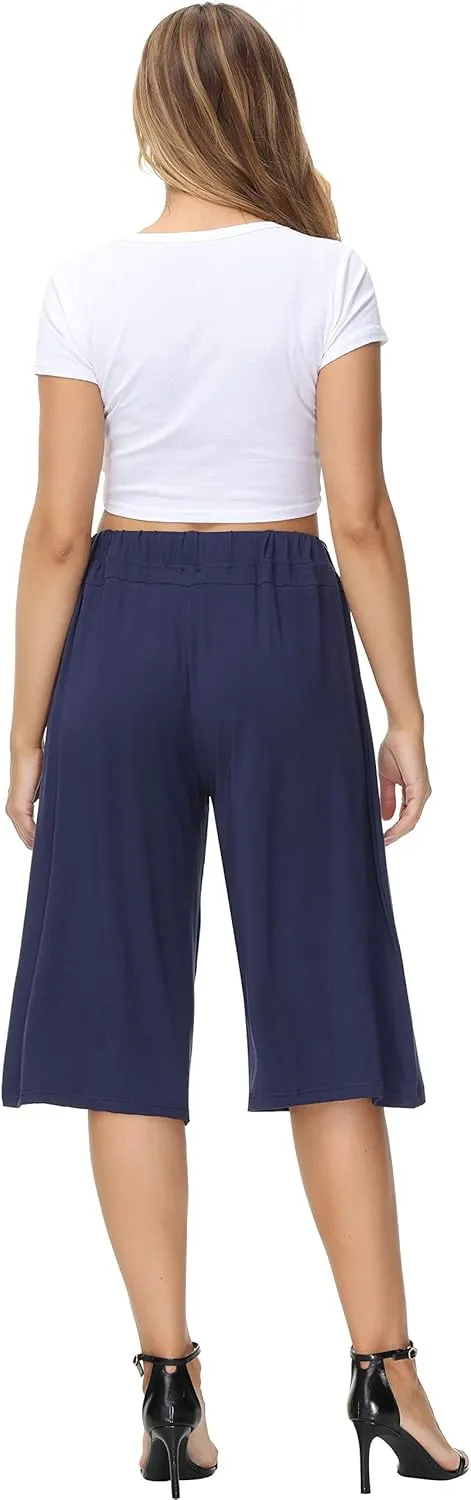 HOW'ON Women's Elastic Waist Wide Leg Casual Palazzo Capri Culottes Pants Soft Knit Cropped Pants