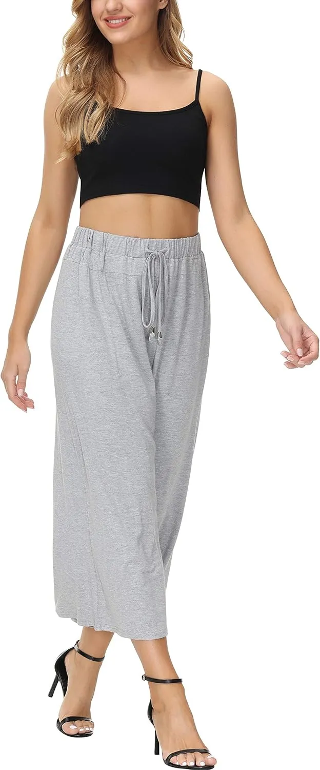 HOW'ON Women's Elastic Waist Wide Leg Casual Palazzo Capri Culottes Pants Soft Knit Cropped Pants