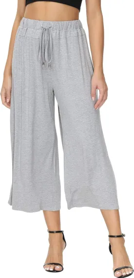 HOW'ON Women's Elastic Waist Wide Leg Casual Palazzo Capri Culottes Pants Soft Knit Cropped Pants