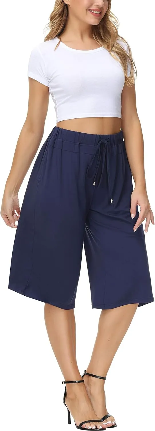 HOW'ON Women's Elastic Waist Wide Leg Casual Palazzo Capri Culottes Pants Soft Knit Cropped Pants