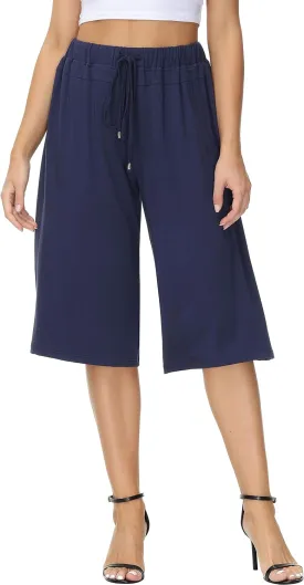 HOW'ON Women's Elastic Waist Wide Leg Casual Palazzo Capri Culottes Pants Soft Knit Cropped Pants