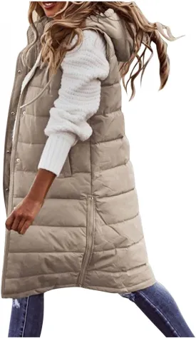 Long Puffer Vest Women Quilted Hooded Sleeveless Down Vest Outerwear Padded Jacket Fall Winter Coat with Pockets