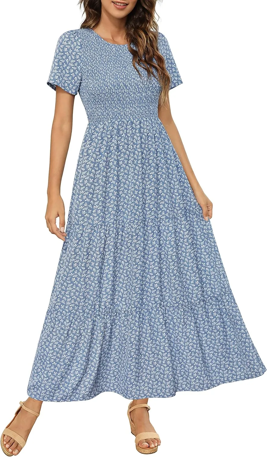 Maggeer Womens 2025 Spring Summer Smocked Wedding Guest Maxi Dress Casual Short Sleeve Floral Boho Flowy Long Dress