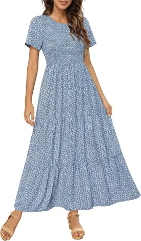 Maggeer Womens 2025 Spring Summer Smocked Wedding Guest Maxi Dress Casual Short Sleeve Floral Boho Flowy Long Dress