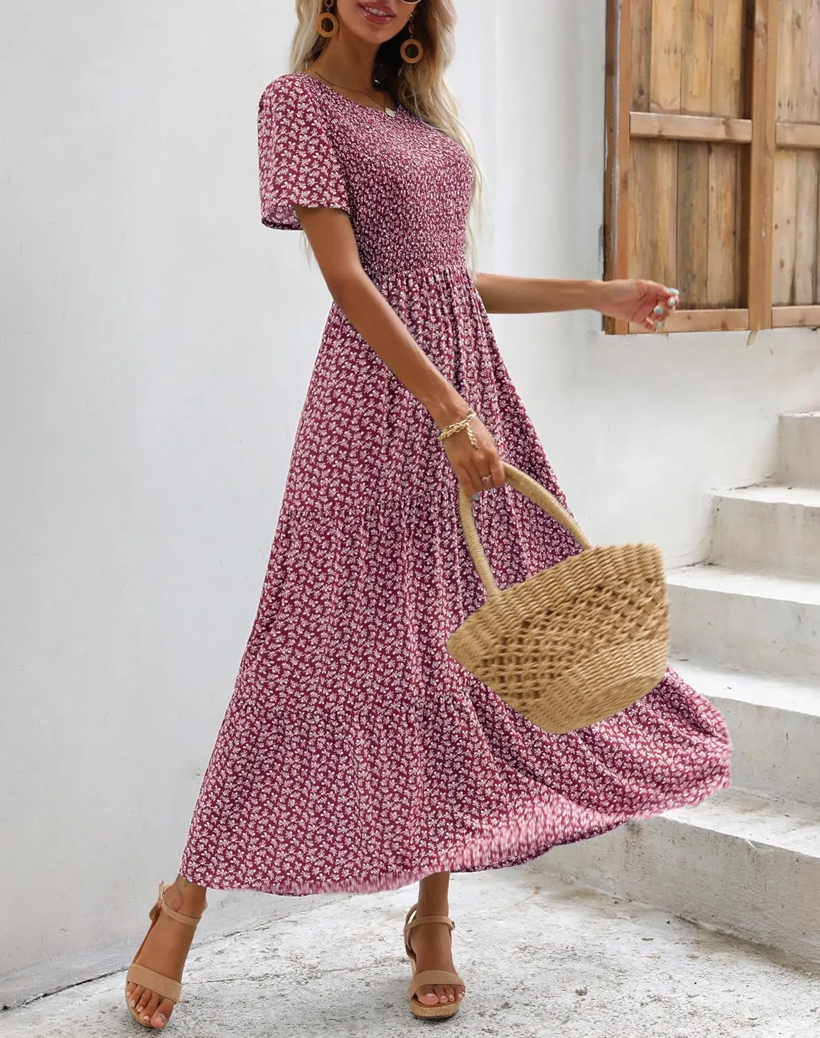 Maggeer Womens 2025 Spring Summer Smocked Wedding Guest Maxi Dress Casual Short Sleeve Floral Boho Flowy Long Dress