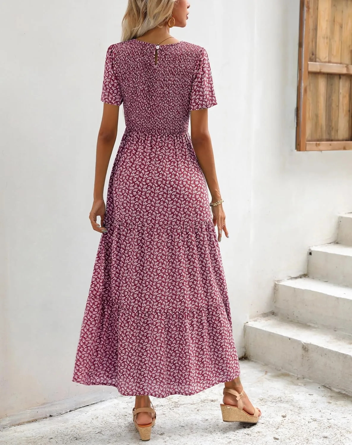 Maggeer Womens 2025 Spring Summer Smocked Wedding Guest Maxi Dress Casual Short Sleeve Floral Boho Flowy Long Dress