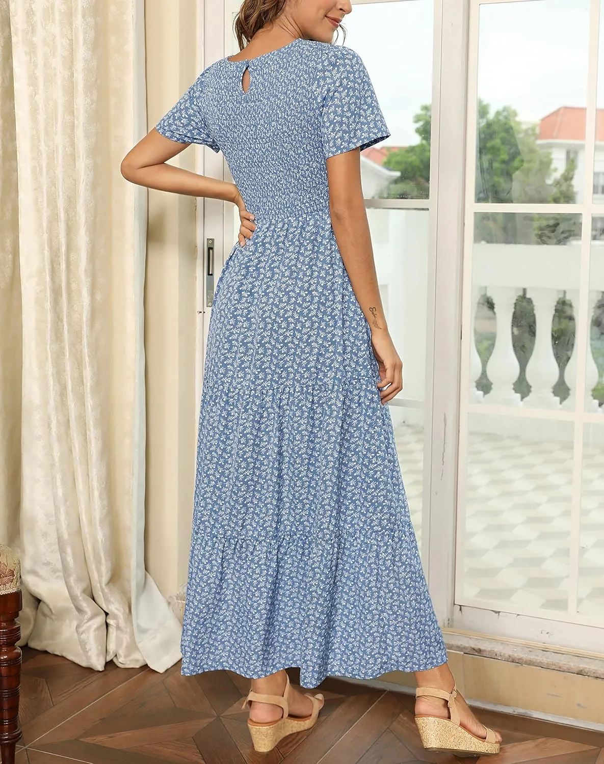 Maggeer Womens 2025 Spring Summer Smocked Wedding Guest Maxi Dress Casual Short Sleeve Floral Boho Flowy Long Dress