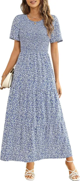 Maggeer Womens 2025 Spring Summer Smocked Wedding Guest Maxi Dress Casual Short Sleeve Floral Boho Flowy Long Dress