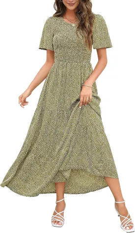 Maggeer Womens 2025 Spring Summer Smocked Wedding Guest Maxi Dress Casual Short Sleeve Floral Boho Flowy Long Dress