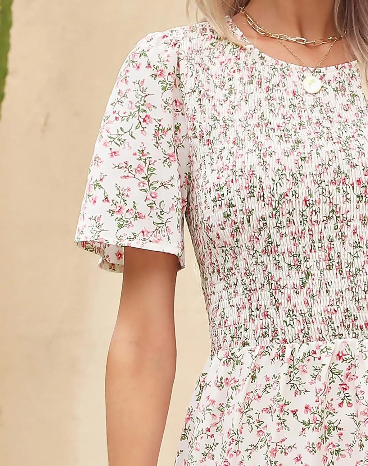 Maggeer Womens 2025 Spring Summer Smocked Wedding Guest Maxi Dress Casual Short Sleeve Floral Boho Flowy Long Dress
