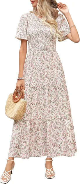Maggeer Womens 2025 Spring Summer Smocked Wedding Guest Maxi Dress Casual Short Sleeve Floral Boho Flowy Long Dress