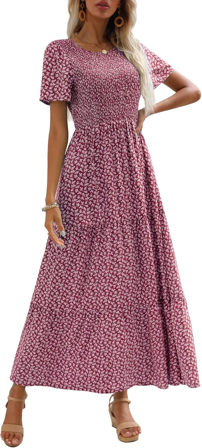 Maggeer Womens 2025 Spring Summer Smocked Wedding Guest Maxi Dress Casual Short Sleeve Floral Boho Flowy Long Dress