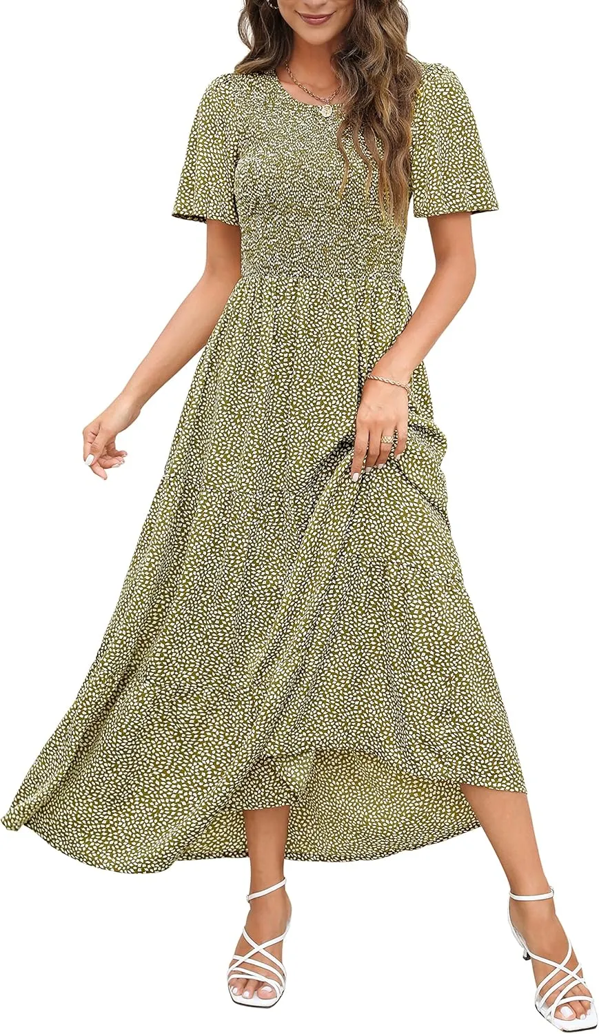 Maggeer Womens 2025 Spring Summer Smocked Wedding Guest Maxi Dress Casual Short Sleeve Floral Boho Flowy Long Dress