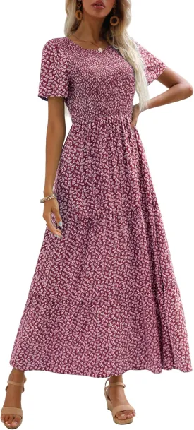 Maggeer Womens 2025 Spring Summer Smocked Wedding Guest Maxi Dress Casual Short Sleeve Floral Boho Flowy Long Dress