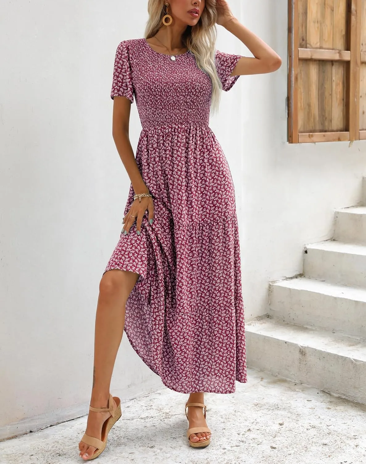 Maggeer Womens 2025 Spring Summer Smocked Wedding Guest Maxi Dress Casual Short Sleeve Floral Boho Flowy Long Dress