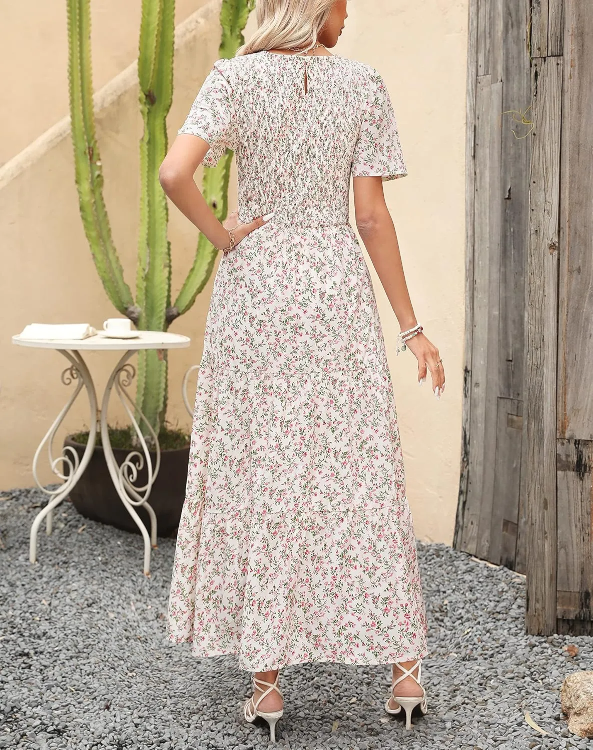 Maggeer Womens 2025 Spring Summer Smocked Wedding Guest Maxi Dress Casual Short Sleeve Floral Boho Flowy Long Dress