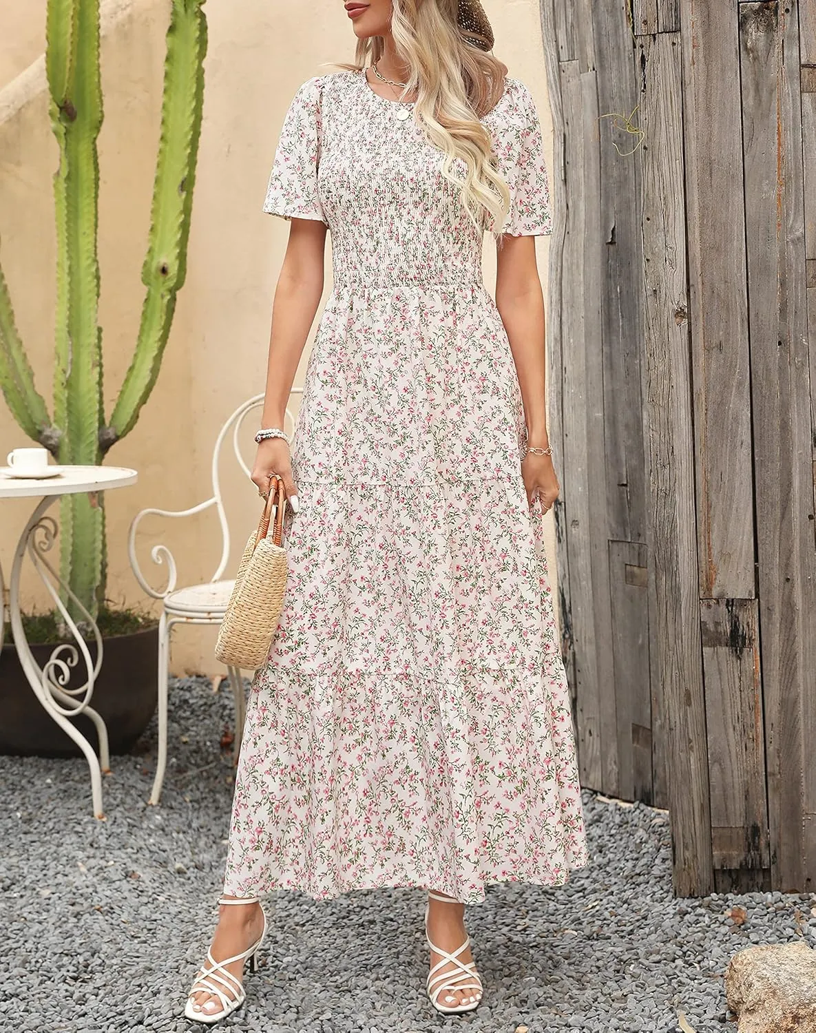 Maggeer Womens 2025 Spring Summer Smocked Wedding Guest Maxi Dress Casual Short Sleeve Floral Boho Flowy Long Dress