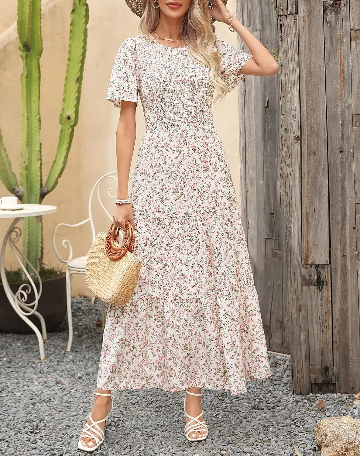 Maggeer Womens 2025 Spring Summer Smocked Wedding Guest Maxi Dress Casual Short Sleeve Floral Boho Flowy Long Dress