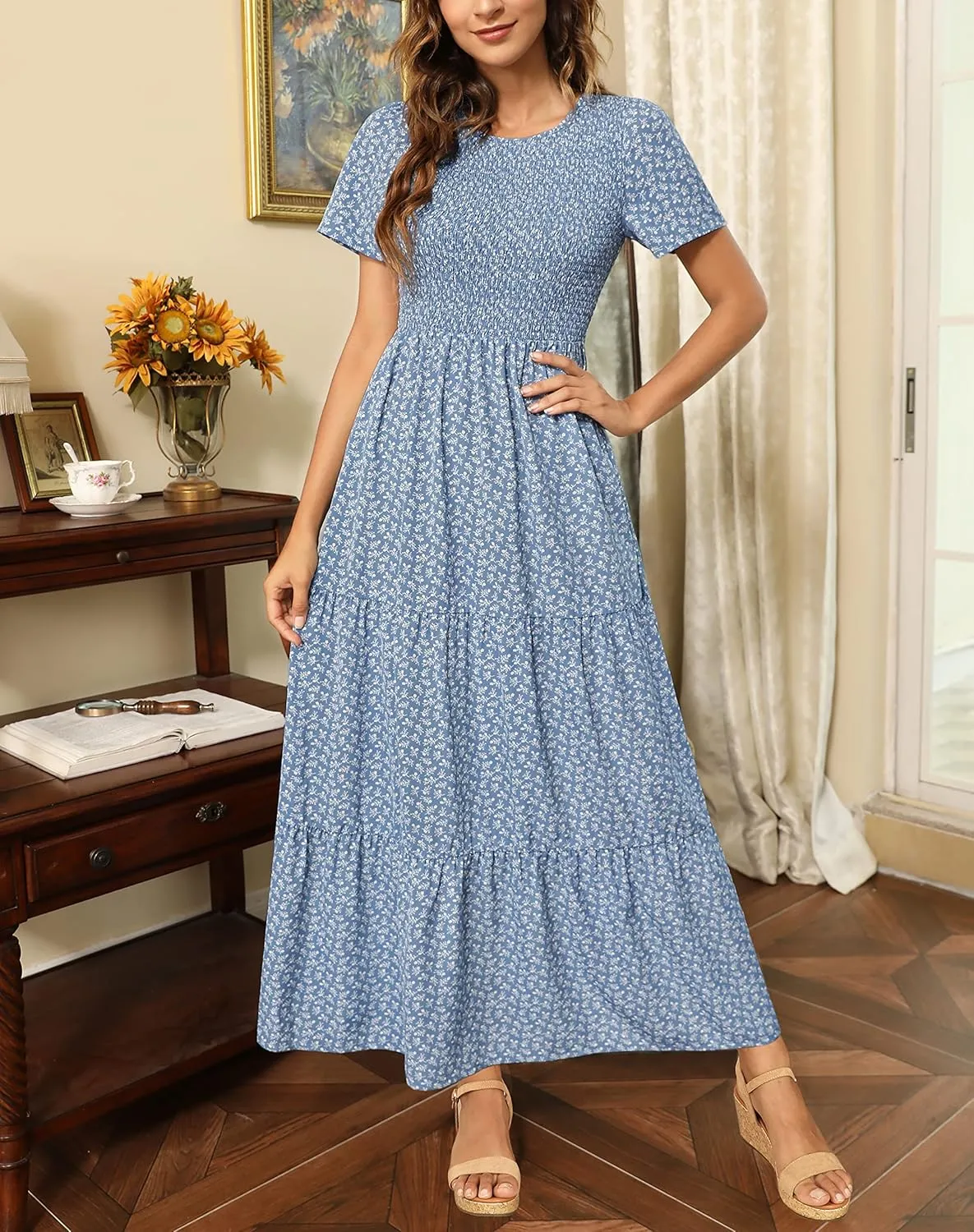 Maggeer Womens 2025 Spring Summer Smocked Wedding Guest Maxi Dress Casual Short Sleeve Floral Boho Flowy Long Dress